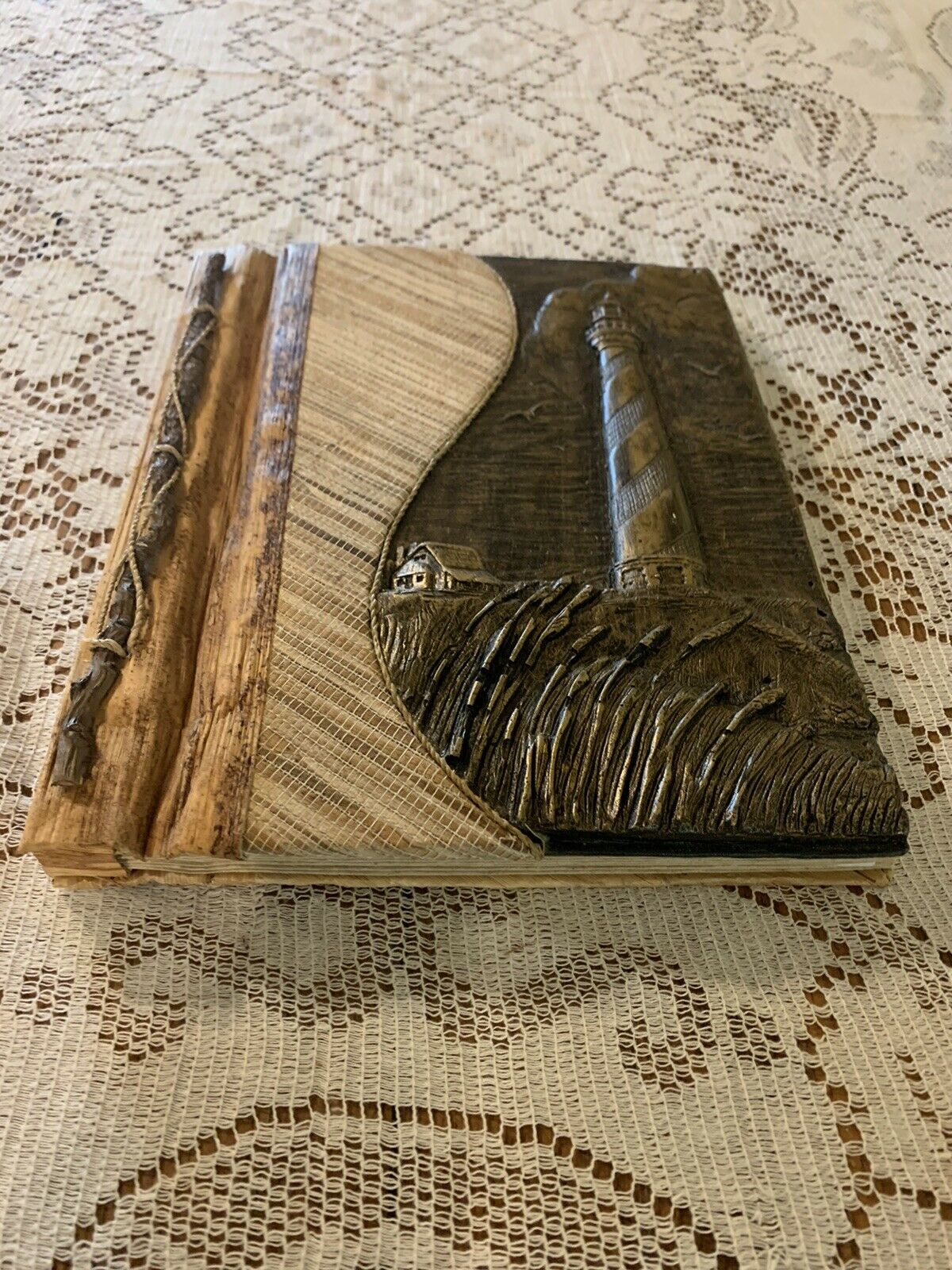 Unique Photo Album With Metal Lighthouse Mold And Woven Reed Cover, Handmade