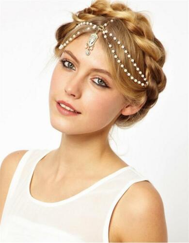 3pcs Women Pearl Gold Wedding Headdress Headband Head Band Crown Chain Headpiece